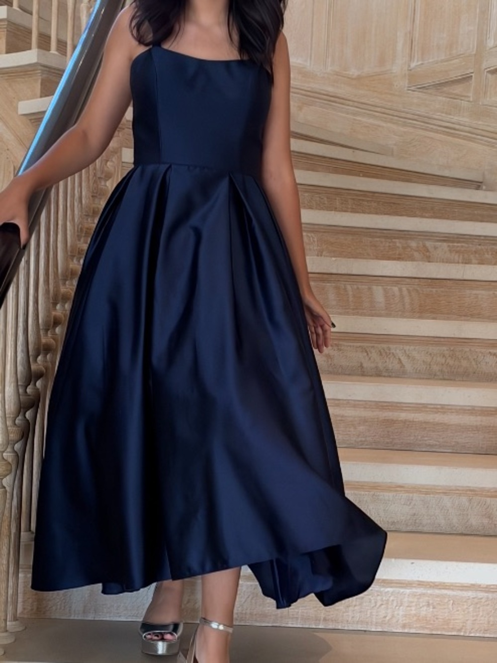 Elegant Navy Satin Midi Dress with Square Neck